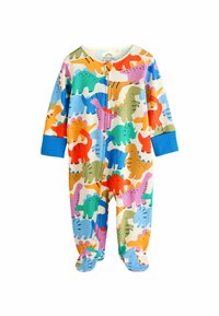 Bunter Baby-Overall mit Dinosaurier-Muster, langen Ärmeln, Reißverschluss vorne und blauen Bündchen. Hergestellt aus weichem Stoff mit einem verspielten Design.