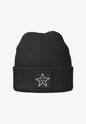 Black ribbed knit beanie with a fold cuff featuring a square patch of a white outlined smiling star on the front center.