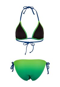 Zwarte driehoekige bikinitop met groene afwerking, vastgebonden aan de hals en rug; bijpassende groene slipjes met een gradient patroon en zijkoordjes.