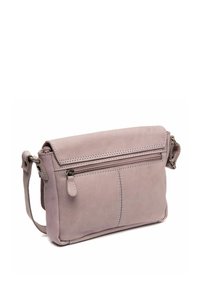 Borsa a tracolla in pelle viola con tasca frontale con zip, dettagli di cucitura discreti e una tracolla regolabile per diverse lunghezze.