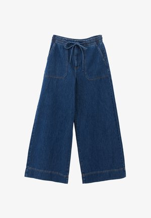 Bredde denimbukser i mørkeblå, med elastisk talje og snøre, to forlommer og kontrastsyninger.