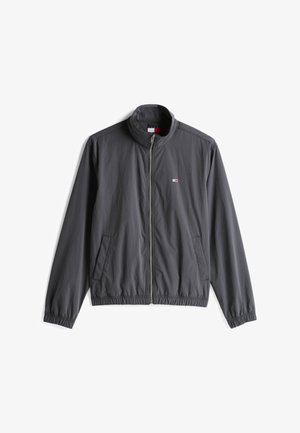 Grå, letvægts zip-up jakke med ståkrave, sidelommer, elastiske manchetter og et lille logo på brystet. Glat tekstur, afslappet design.