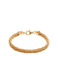 Złota skręcana bransoletka wykonana z metalu, z teksturowaną powierzchnią. Zabezpieczone zapięcie typu lobster z okrągłym ogniwem do zapięcia.