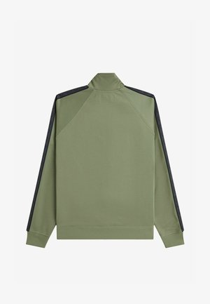 Felpa verde con collo alto, maniche raglan e accenti neri lungo le spalle. Texture liscia, polsini e orlo a coste.