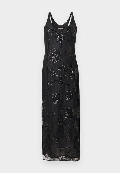 Robe noire sans manches avec un corsage ajusté et une jupe fluide. Présente des motifs d'étoiles en sequins complexes sur un tissu transparent.