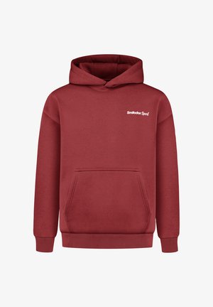 Roter Baumwollhoodie mit einer Fronttasche, gerippten Ärmelbündchen und einer Kapuze. Mit dem weißen "Smilodax Sport"-Logo auf der oberen linken Seite.