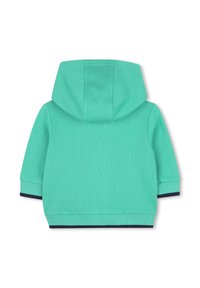 Haut à capuche vert menthe avec une finition texturée, doté d'une grande capuche, de poignets côtelés et d'un accent bleu marine à l'ourlet et aux manches.