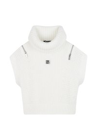 Weißer gestrickter ärmelloser Rollkragenpullover mit strukturiertem Muster, Logo-Patch auf der Vorderseite und silbernen Reißverschlussdetails an beiden Schultern.