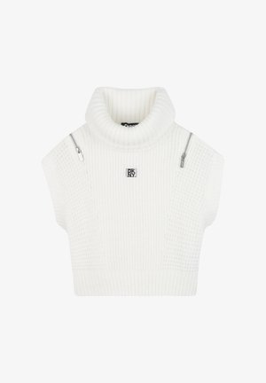 Witte gebreide mouwloze trui met col, met een textuurpatroon, logo patch op de voorkant en zilveren ritsdetails op beide schouders.