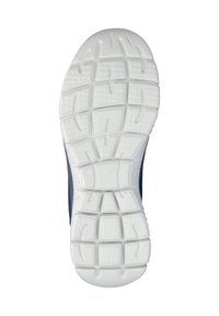 De zool van de schoen heeft een witte, gestructureerde rubberen ondergrond met een rasterpatroon voor grip. De zijkant heeft donkerblauwe accenten en subtiele spikkels.