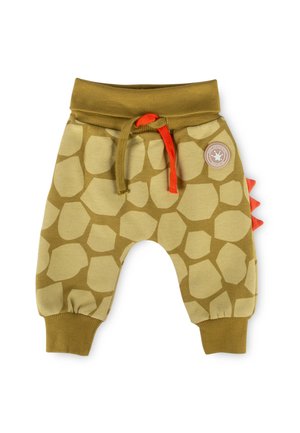Kindshose mit Giraffenmuster, olivgrünen Bündchen, einem rot-grünen Kordelzug und roten Stoffspitzen entlang einer Seitennaht.