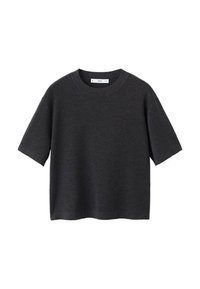Ciemnoszara koszulka z krótkim rękawem o okrągłym dekolcie, wykonana z miękkiego, gładkiego materiału. Krój jest swobodny i lekko skrócony.
