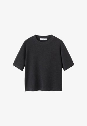 Tamno siva majica kratkih rukava s okruglim izrezom, izrađena od mekanog, glatkog materijala. Dizajn je opušten i malo skraćen.