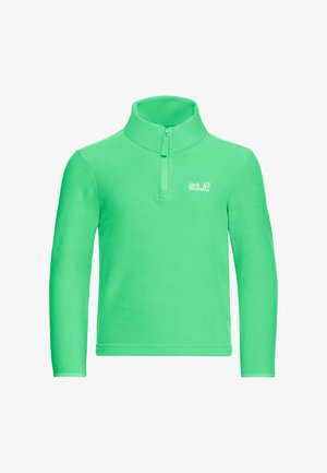 Pull polaire vert avec col à demi-fermeture éclair. Comprend des manches longues et un logo sur la poitrine. Texture douce, design décontracté.