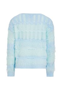 Helles blaues Strickpullover mit Lochmuster und weichen, flauschigen horizontalen Streifen an Ärmeln und Körper, von hinten gezeigt.