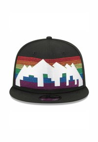 Black snapback hat featuring a colorful embroidered design of mountains and city skyline in rainbow stripes on a white background.