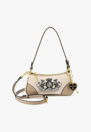 Small beige Juicy Couture handbag with black embroidered logo, gold key and heart charm, two adjustable straps, and zip closure.