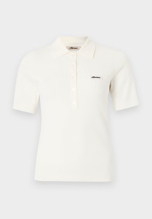 Biała prążkowana koszulka polo z krótkim rękawem, kołnierzykiem i rozpięciem na guziki, z małym czarnym logo „ellesse” na lewej piersi.