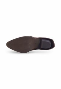 Chaussure en cuir marron avec un bout pointu et une semelle texturée. Le talon est de hauteur moyenne, avec une finition lisse et des détails subtils.