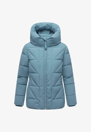 Lyseblå pufferjakke med høj krave, diagonalt quiltet design, frontlynlås og sidelommer, lavet af glat, isolerende materiale.