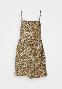 Φόρεμα με λεοπάρ μοτίβο και λεπτές τιράντες, με φουσκωτό φούστα και ρυτιδωτό στρίφωμα. Κύρια χρώματα είναι το καμηλό, το καφέ και το μαύρο.