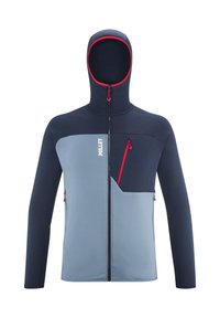 Polarowa kurtka z niebiesko-błękitnym wzorem w blokach kolorystycznych, z zamykanymi kieszeniami, czerwonymi akcentami i dopasowaną kapturem. Elastyczny i oddychający materiał.