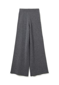 Pantalons en tricot à jambes larges de couleur gris foncé avec une taille haute et une texture de tissu douce, posés à plat sur un fond blanc.