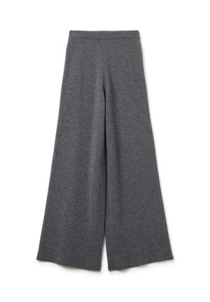 Weite, gestrickte Hosen in Dunkelgrau mit hoher Taille und weichem Stoff, flach auf einem weißen Hintergrund ausgebreitet.