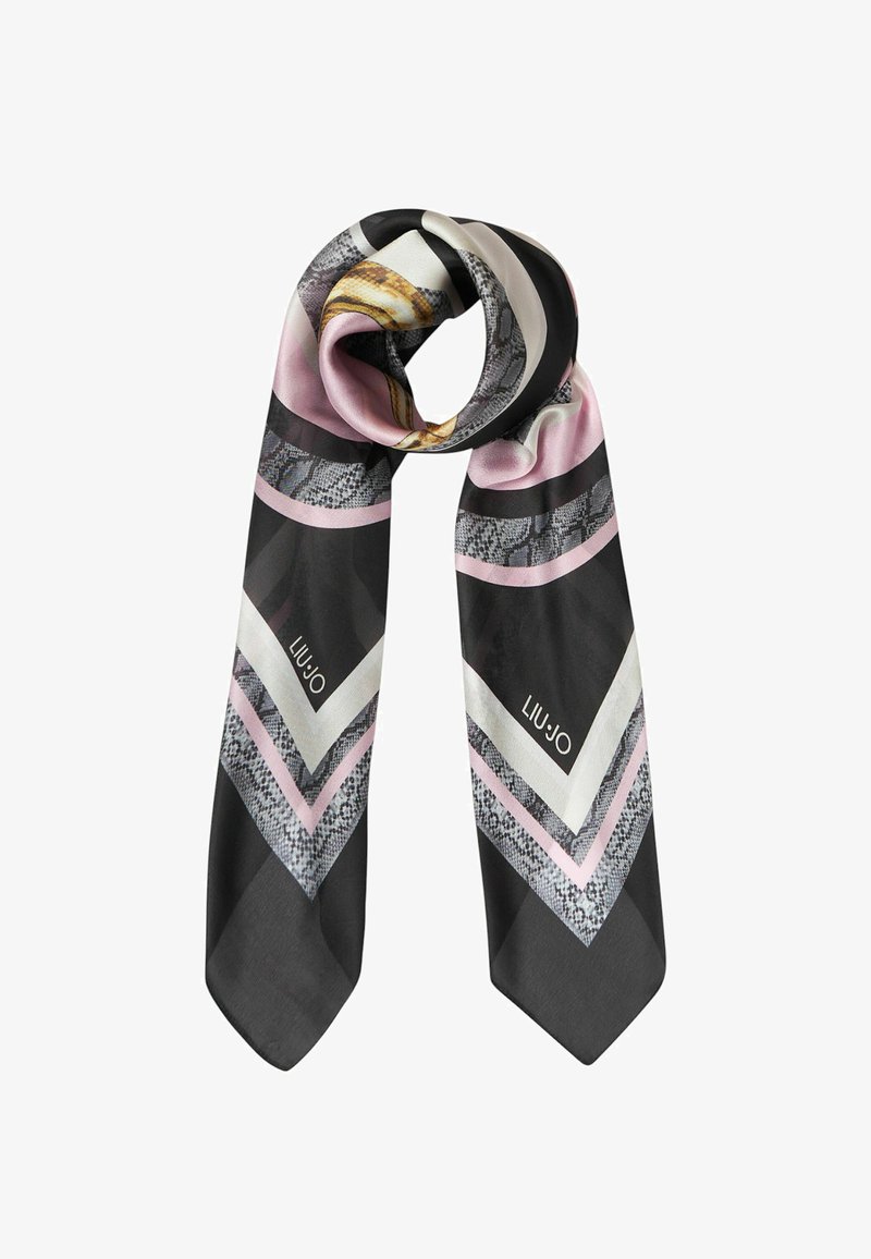 Silk tørklæde med et geometrisk design i sort, pink og grå med slangeskinnet accenter. Brandlogoet "LIU.JO" er synligt.