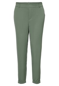 Zelené elegantní kalhoty se širokým elastickým pasem, zúženými nohavicemi a ohrnutými manžetami. Vyrobené z hladké látky s bočními kapsami.