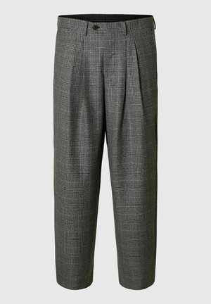 Pantaloni grigi a scacchi con frontale plissettato, vestibilità dritta e chiusura con bottone in vita. Realizzati in tessuto testurizzato.