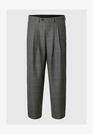 Pantaloni grigi a scacchi con frontale plissettato, vestibilità dritta e chiusura con bottone in vita. Realizzati in tessuto testurizzato.