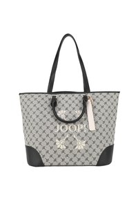 Grijze en zwarte tote bag met een lichaam van gemusterd stof, leren accenten, dubbele handvatten en een opvallend logo aan de voorkant.