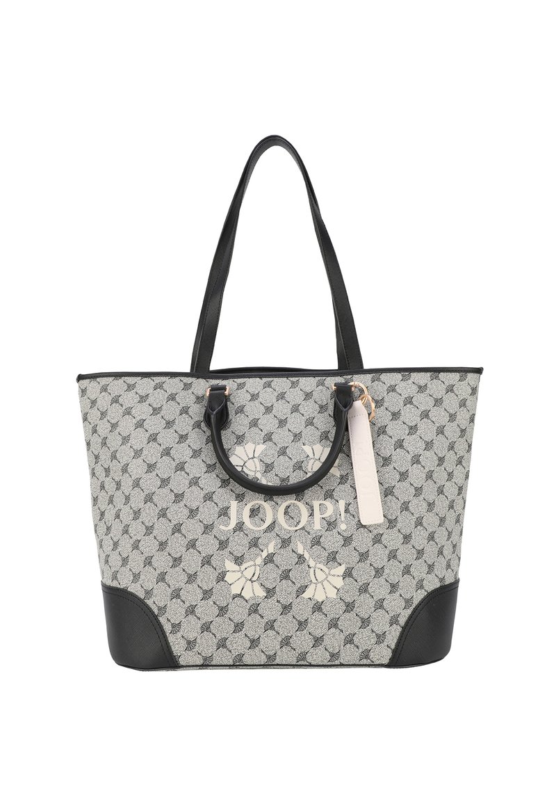 Grijze en zwarte tote bag met een lichaam van gemusterd stof, leren accenten, dubbele handvatten en een opvallend logo aan de voorkant.