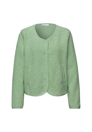Veste polaire vert clair à manches longues, à boutons, avec un col rond et un tissu à la texture douce.