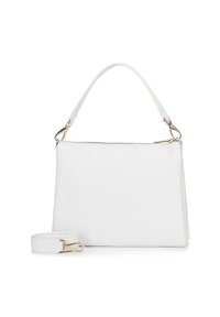 Borsa a mano in pelle bianca con superficie testurizzata, dotata di chiusura con zip superiore e di una tracolla staccabile con finiture in oro.
