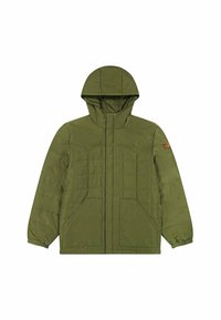 Chaqueta aislante de color verde oliva con capucha, que cuenta con cierre de cremallera, dos bolsillos grandes y un diseño de paneles cosidos para ofrecer calor y estilo.