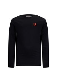 Zwarte longsleeve shirt gemaakt van zacht materiaal, met een klein rood "R" logo op de linkerborst. Ronde halslijn en aansluitend ontwerp.