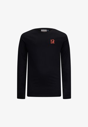 Zwarte longsleeve shirt gemaakt van zacht materiaal, met een klein rood "R" logo op de linkerborst. Ronde halslijn en aansluitend ontwerp.