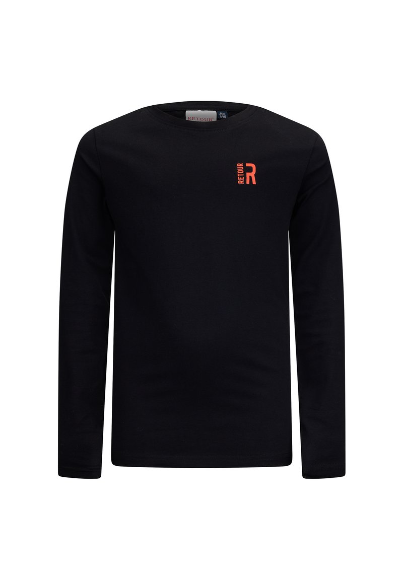Zwarte longsleeve shirt gemaakt van zacht materiaal, met een klein rood "R" logo op de linkerborst. Ronde halslijn en aansluitend ontwerp.