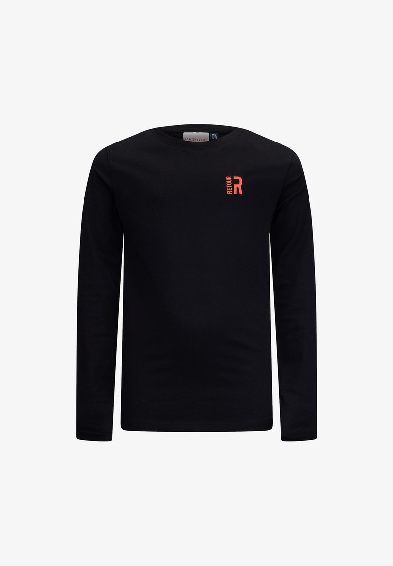 Schwarzes Langarmshirt aus weichem Stoff, mit einem kleinen roten "R"-Logo auf der linken Brust. Rundhalsausschnitt und taillierte Passform.