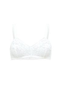 Bralette bianco in pizzo con spalline sottili regolabili e motivo floreale, dotato di chiusura a gancio e occhiello sul retro.