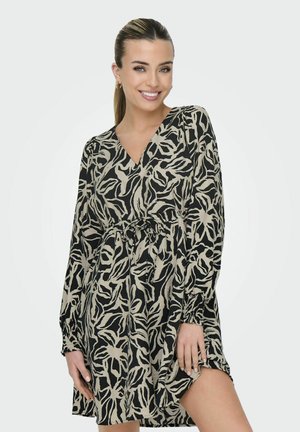 Robe à motifs floraux noir et beige, avec un décolleté en V, des manches longues, une taille ajustable et une coupe ample avec une fente jusqu'à la cuisse.