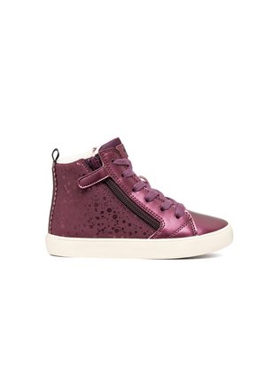 Child's high-top sneaker in shiny purple with laces, side zipper, patterned details, and white rubber sole against white background.