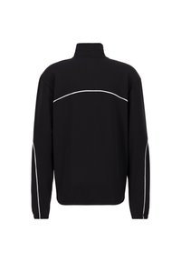 Juodas švarkas su aukštu apykakle, kuriame yra balti siuvinėjimai ant rankovių ir nugaros, pagamintas iš lygaus, lengvo audinio.