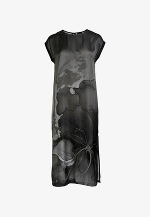 Must ja hall põlveni ulatuv kleit lühikeste varrukatega, millel on suur abstraktne lillemuster ja ümmargune kaelus koos tagumise nööpidega kinnitusega.