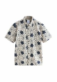 Kurzarmhemd aus beigem Stoff mit einem navyblauen Blumenmuster. Verfügt über eine Knopfleiste und einen Kragen für einen lässigen Sitz.