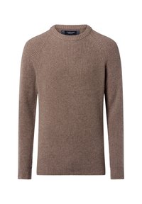 Brązowy sweter prążkowany z okrągłym dekoltem, długimi rękawami raglanowymi i miękką fakturą. Posiada metkę wewnątrz dekoltu.