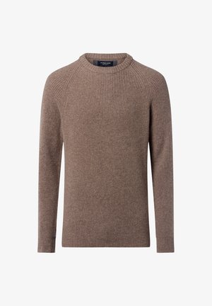 Pull en maille côtelée marron avec un col rond, des manches raglan longues et une texture douce. Présente une étiquette à l'intérieur du col.