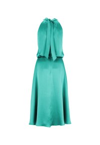 Turkusowa satynowa sukienka z wiązanym dekoltem, dopasowanym górą i rozkloszowanym dołem. Gładka faktura z falującym kształtem. Widok z tyłu.